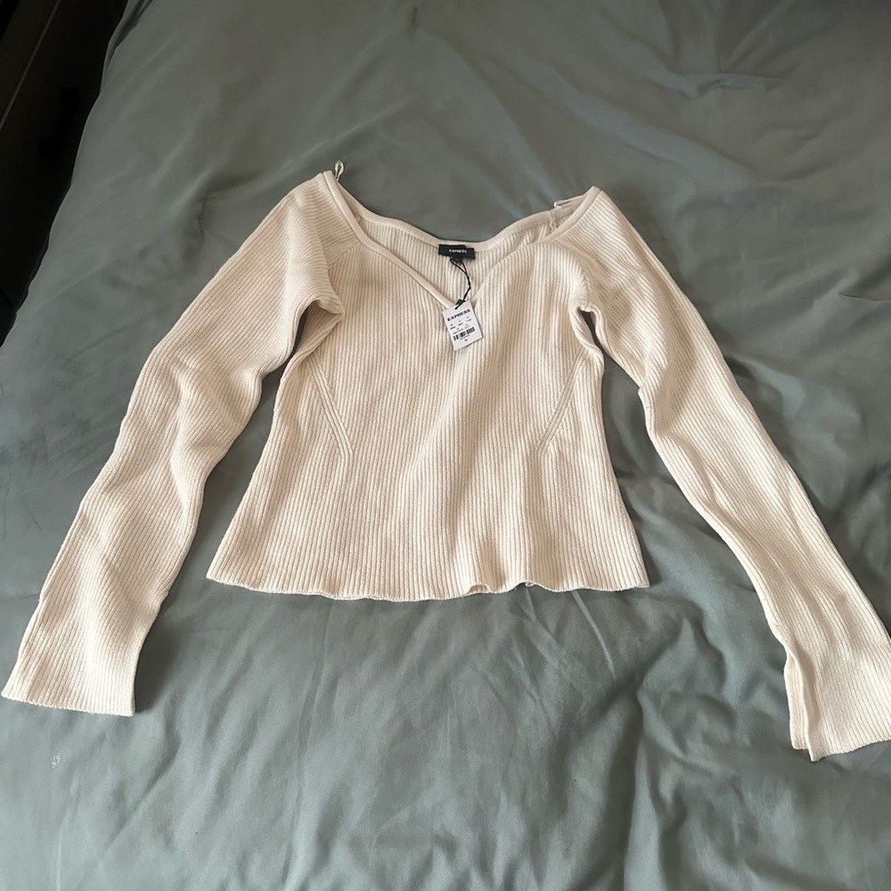 Express Cream Ribbed Long Sleeve Top